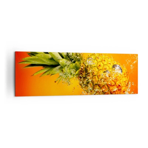 Cuadro sobre lienzo - Impresión de Imagen - Una piña sumergida en agua sobre un fondo degradado naranja. - 160x50cm - Jugosa frescura tropical - Decoración de pared moderna para salón y dormitorio ARTTOR