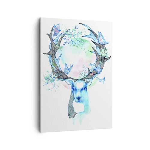 Cuadro sobre lienzo - Impresión de Imagen - Un gráfico caprichoso de ciervo con motivos de naturaleza y mariposas. - 50x70cm - La fuerza y la dulzura de la naturaleza - Decoración de pared moderna para salón y dormitorio ARTTOR