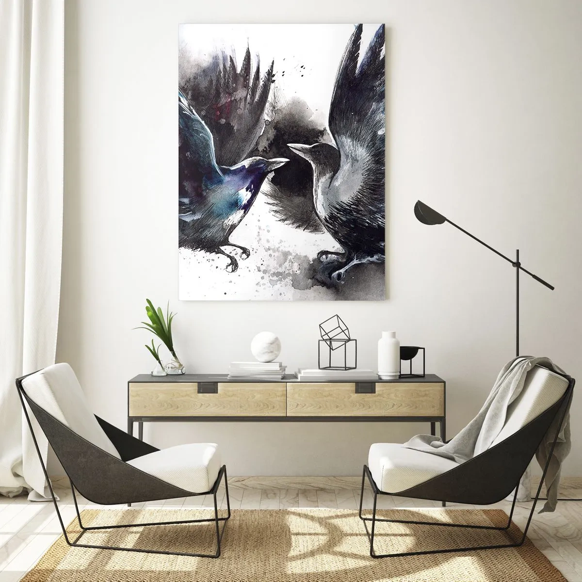 Cuadro sobre vidrio - Impresiones sobre Vidrio - Dos cuervos en una pose dinámica con las alas extendidas. - 50x70cm - De cuervo a cuervo... - Decoración de pared moderna para salón y dormitorio ARTTOR