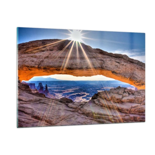 Cuadro sobre vidrio - Impresiones sobre Vidrio - Arco de roca con rayos de sol contra el fondo del paisaje. - 120x80cm - A través de la puerta de la roca - Decoración de pared moderna para salón y dormitorio ARTTOR