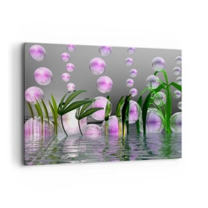 Cuadro sobre lienzo - Impresión de Imagen - Hojas verdes y burbujas rosadas sobre el agua sobre un fondo gris. - 100x70cm - Composición reflexiva de ligereza y vida - Decoración de pared moderna para salón y dormitorio ARTTOR