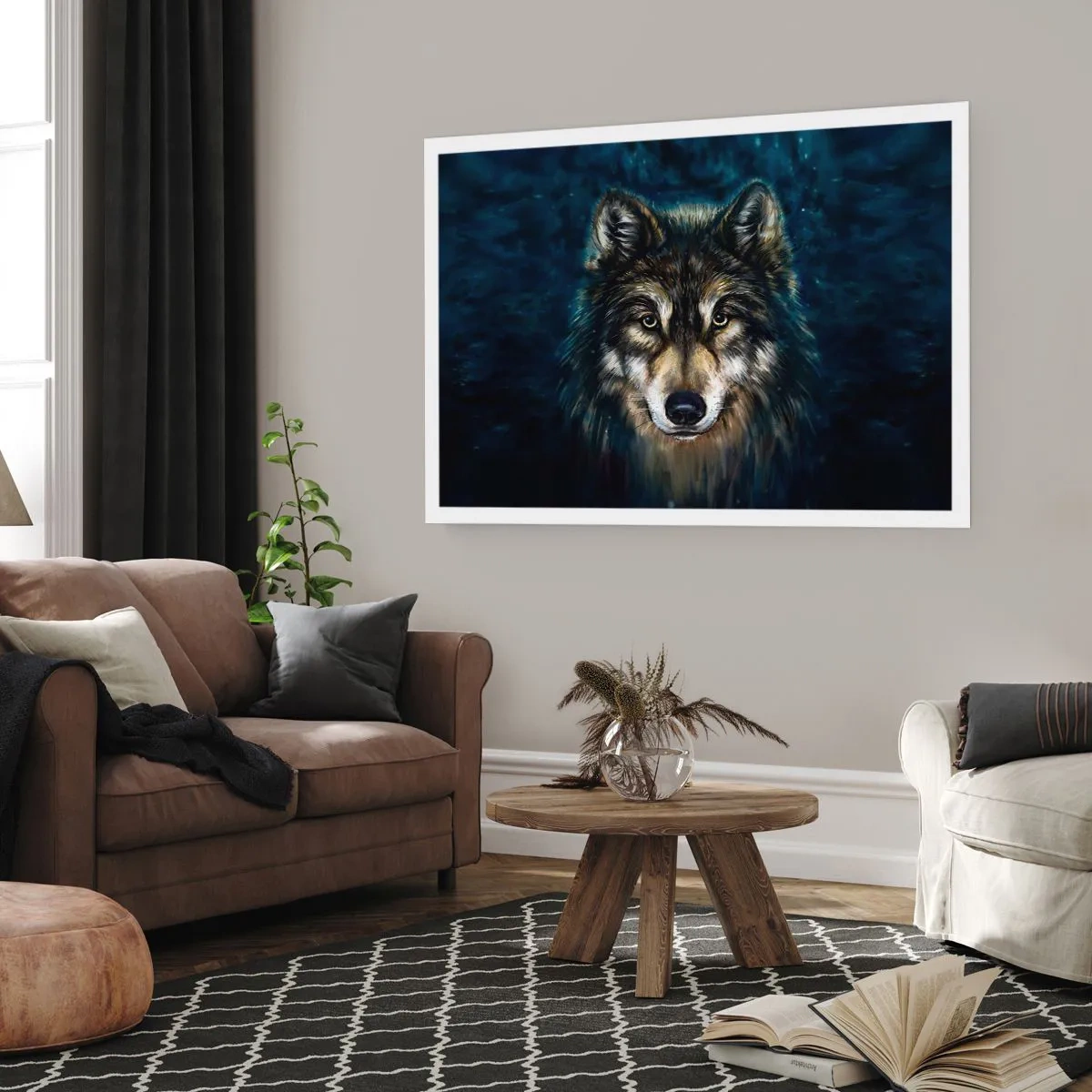 Póster - Retrato de un lobo sobre un fondo azul oscuro - 100x70cm - ¿Alfa? Y omega - Decoración de pared moderna para salón y dormitorio ARTTOR