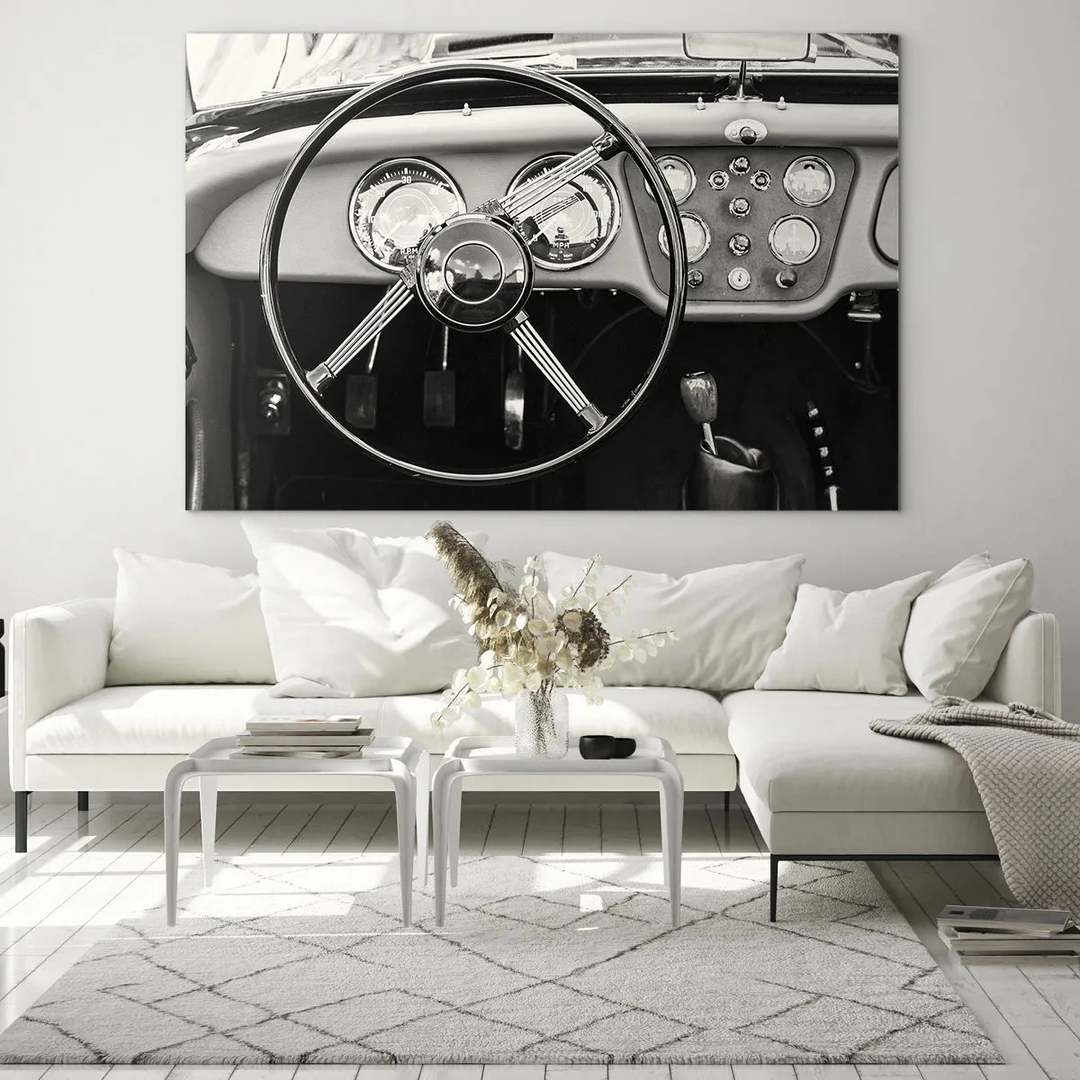 Cuadro sobre vidrio - Impresiones sobre Vidrio - El volante y los relojes de un coche clásico en sepia - 100x70cm - El sueño de un coleccionista - Decoración de pared moderna para salón y dormitorio ARTTOR