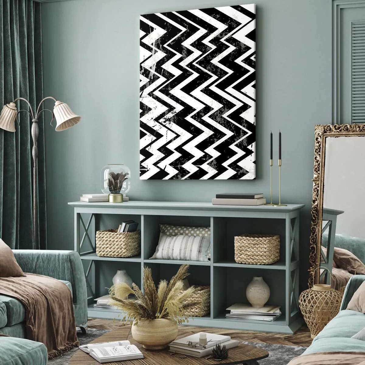 Cuadro sobre lienzo - Impresión de Imagen - Patrón en zigzag en blanco y negro con abrasiones artísticas - 80x120cm - Zig-blanco, zag-negro - Decoración de pared moderna para salón y dormitorio ARTTOR