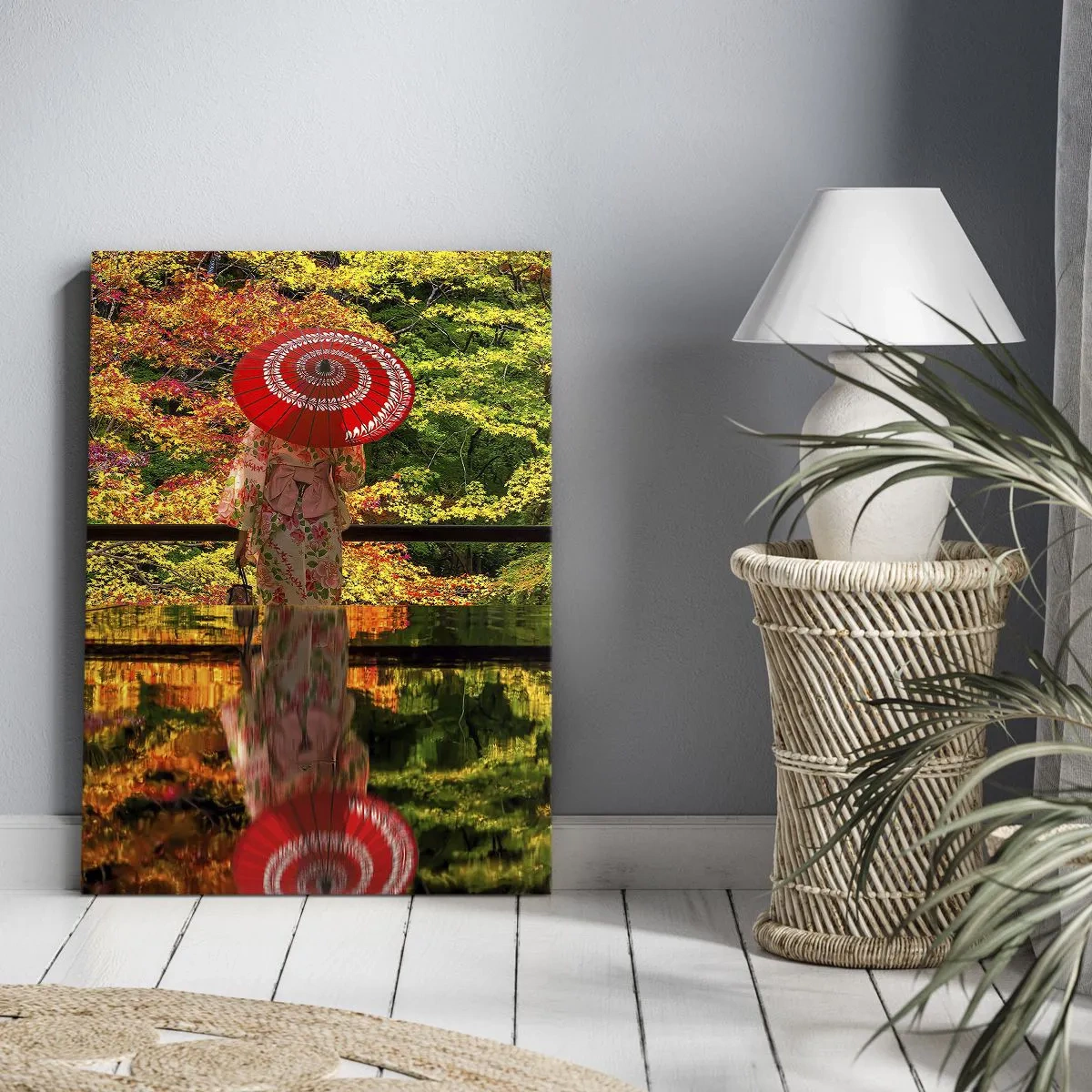 Cuadro sobre lienzo - Impresión de Imagen - Una mujer con un kimono y un paraguas con el telón de fondo de un paisaje otoñal. - 50x70cm - En un templo de la naturaleza - Decoración de pared moderna para salón y dormitorio ARTTOR