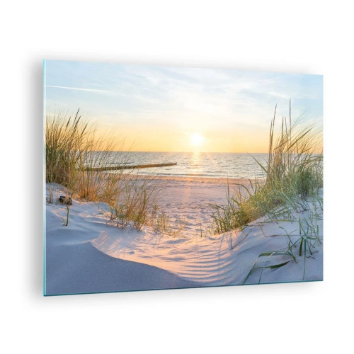 Cuadro sobre vidrio - Impresiones sobre Vidrio - Playa al atardecer con vistas al mar y a las dunas - 70x50cm - El sonido del mar, el canto de los pájaros, una playa virgen entre las dunas... - Decoración de pared moderna para salón y dormitorio ARTTOR