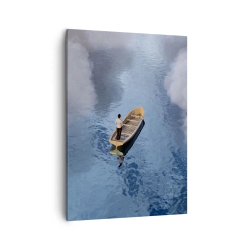 Cuadro sobre lienzo - Impresión de Imagen - Un hombre en un barco en un mar tranquilo rodeado de nubes. - 50x70cm - La vida - el viaje - lo desconocido - Decoración de pared moderna para salón y dormitorio ARTTOR