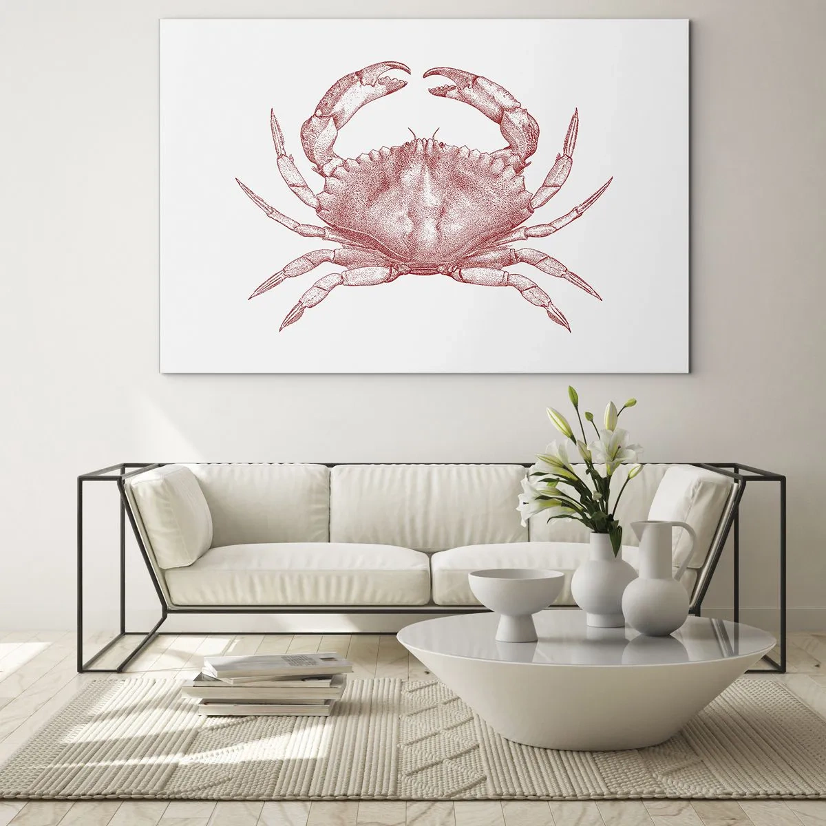 Cuadro sobre vidrio - Impresiones sobre Vidrio - Boceto de un cangrejo rojo sobre un fondo claro en estilo retro - 70x50cm - El explorador de las rocas - Decoración de pared moderna para salón y dormitorio ARTTOR