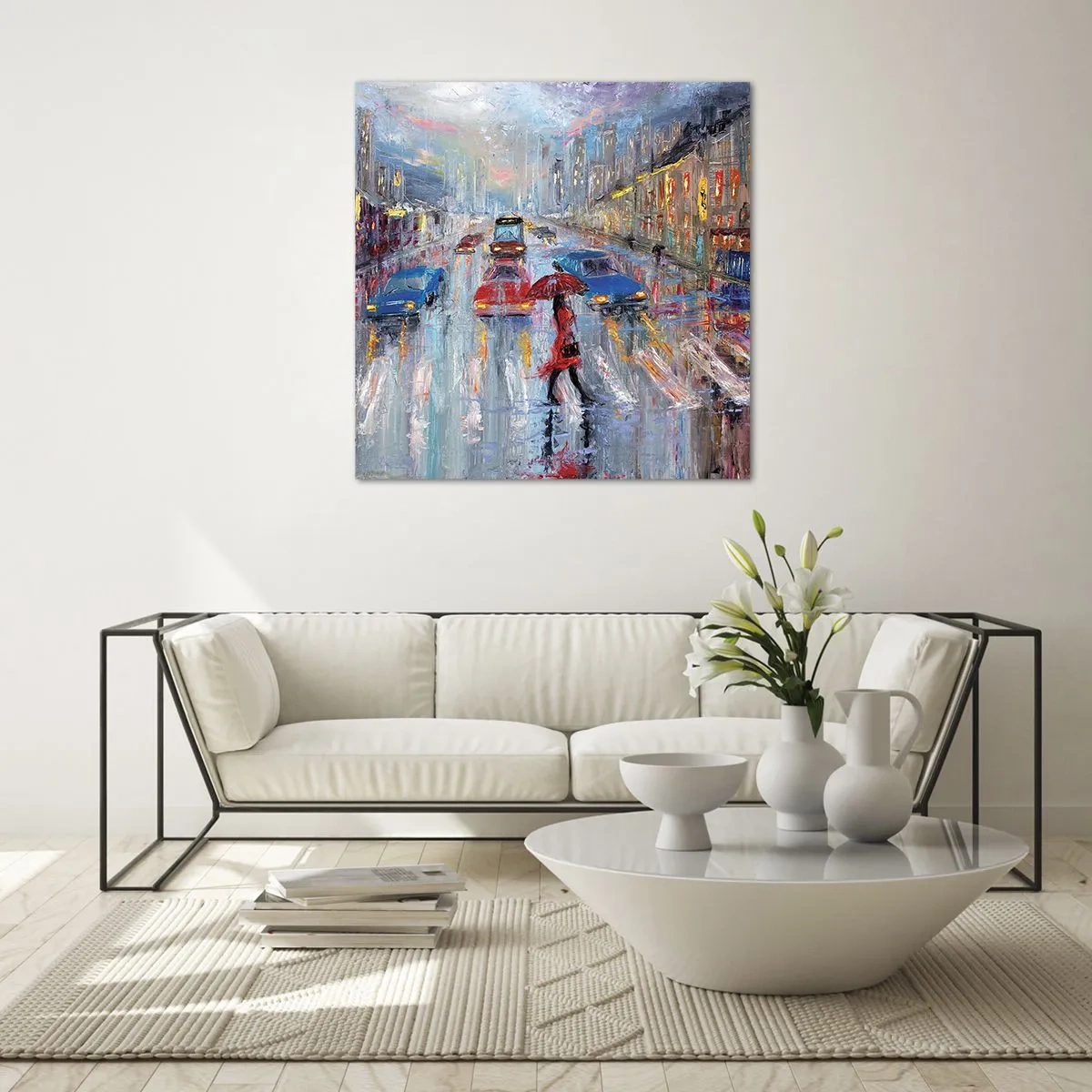 Cuadro sobre vidrio - Impresiones sobre Vidrio - Una tarde de lluvia en la ciudad - 70x70 cm