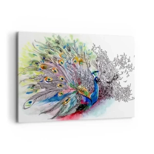 Cuadro sobre lienzo - Impresión de Imagen - Un pavo real en un colorido estilo de acuarela con plumas abstractas. - 100x70cm - Con orgullo contra el gris  - Decoración de pared moderna para salón y dormitorio ARTTOR
