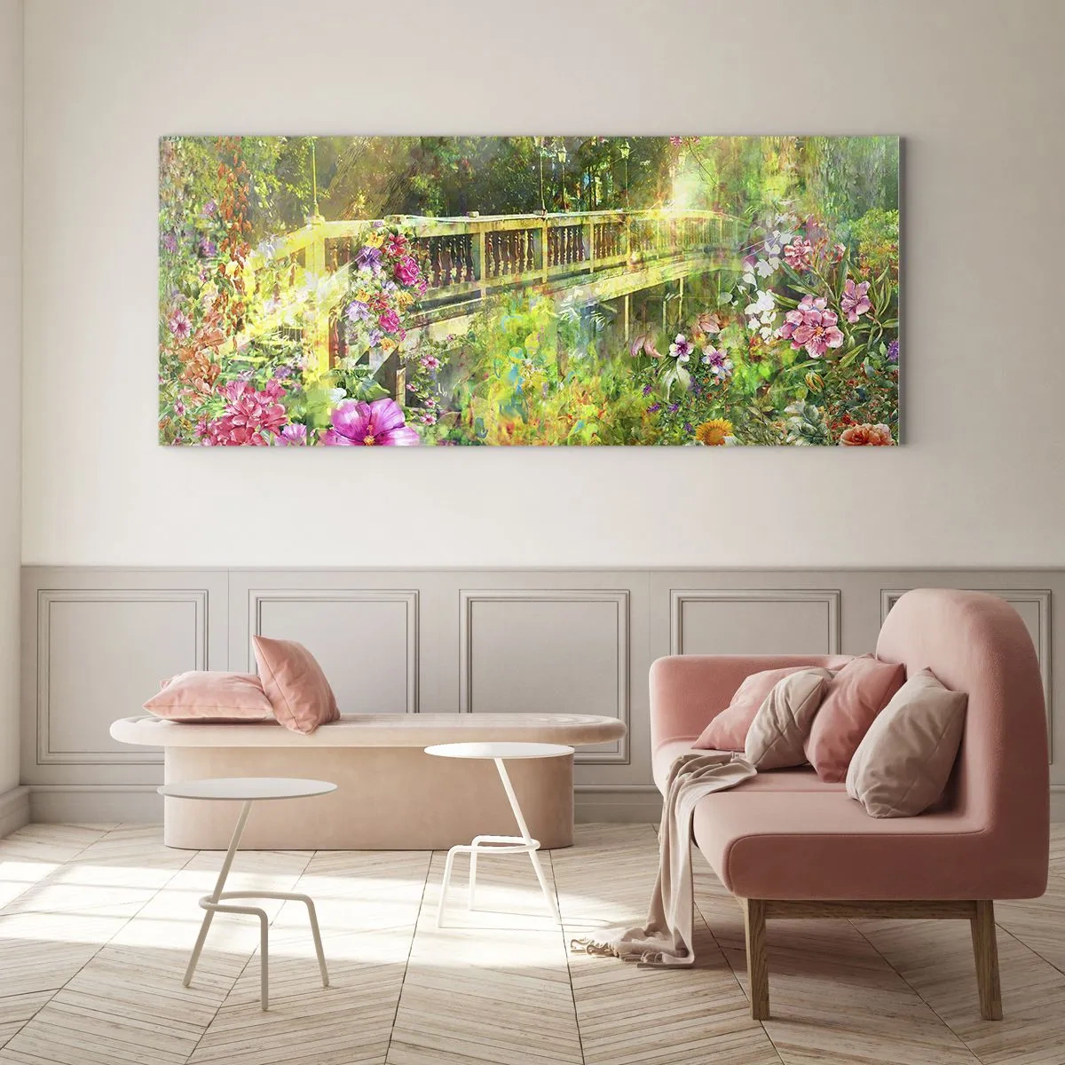 Cuadro sobre vidrio - Impresiones sobre Vidrio - Un puente rodeado de exuberante vegetación y flores. - 120x50cm - Un puente de suspiros de primavera - Decoración de pared moderna para salón y dormitorio ARTTOR