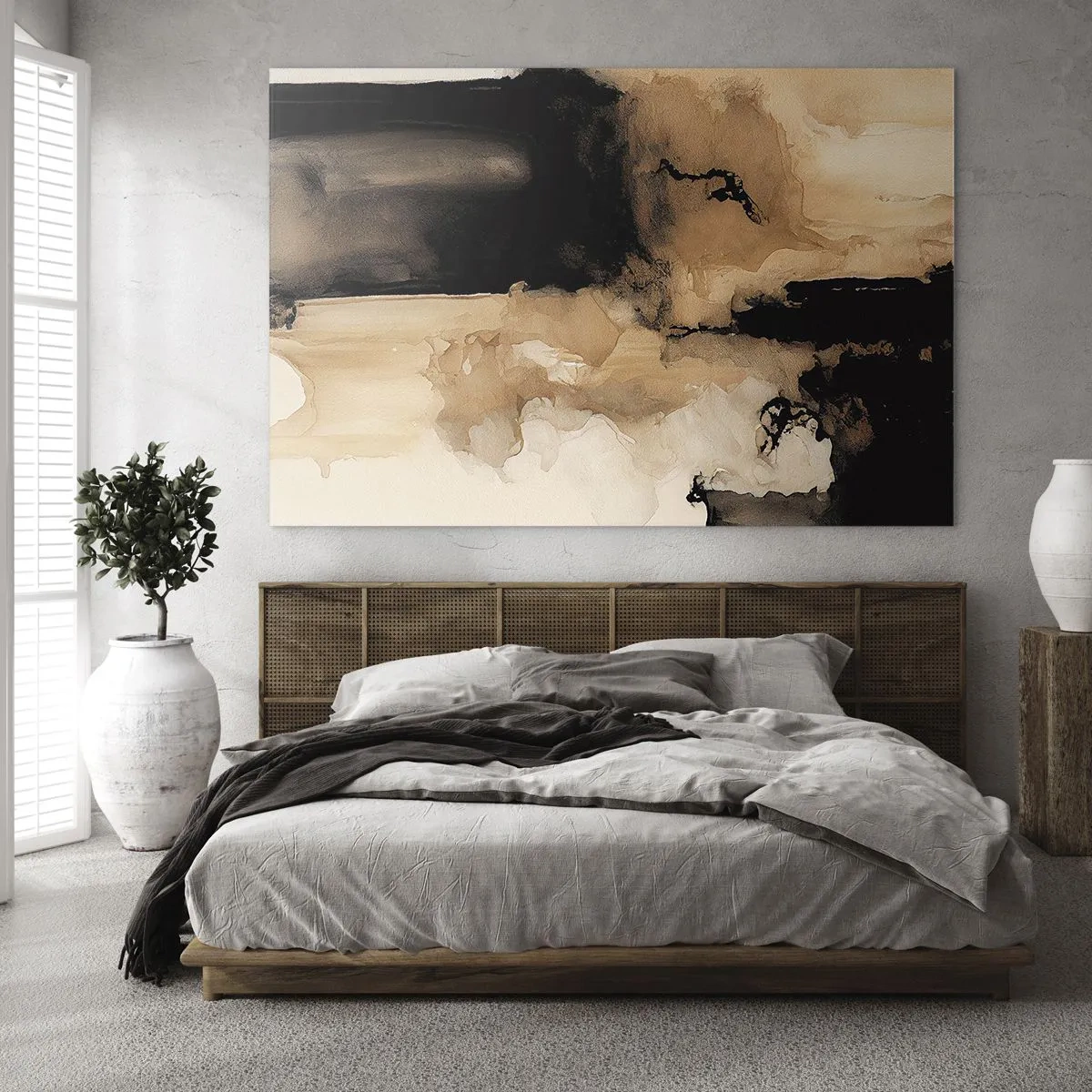 Cuadro sobre vidrio - Impresiones sobre Vidrio - Una forma abstracta en negro y marrón sobre un fondo claro. - 70x50cm - Una abstracción intrigante - Decoración de pared moderna para salón y dormitorio ARTTOR