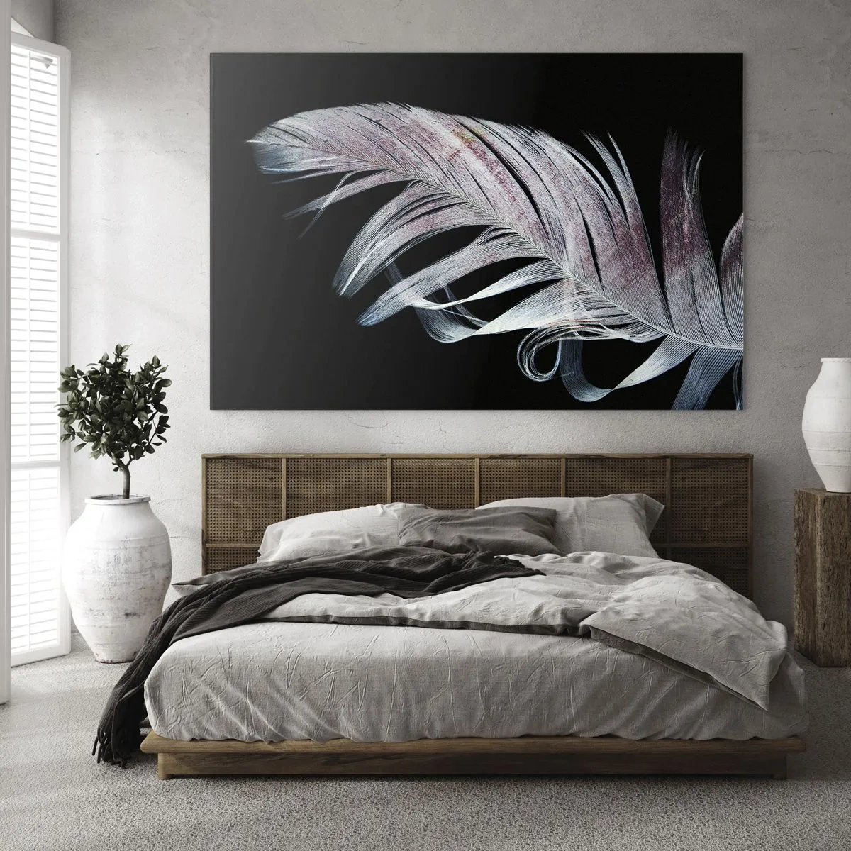 Cuadro sobre vidrio - Impresiones sobre Vidrio - Una delicada pluma sobre un fondo negro en un enfoque artístico. - 100x70cm - Piensa en el tacto - Decoración de pared moderna para salón y dormitorio ARTTOR