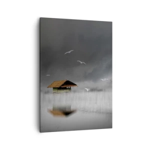 Cuadro sobre lienzo - Impresión de Imagen - Una cabaña solitaria sobre el agua rodeada de niebla y pájaros. - 50x70cm - Resguardo de la lluvia - Decoración de pared moderna para salón y dormitorio ARTTOR
