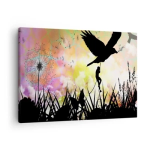 Cuadro sobre lienzo - Impresión de Imagen - Silueta de naturaleza con un pájaro y un diente de león. - 70x50cm - En un ambiente de cuento de hadas - Decoración de pared moderna para salón y dormitorio ARTTOR