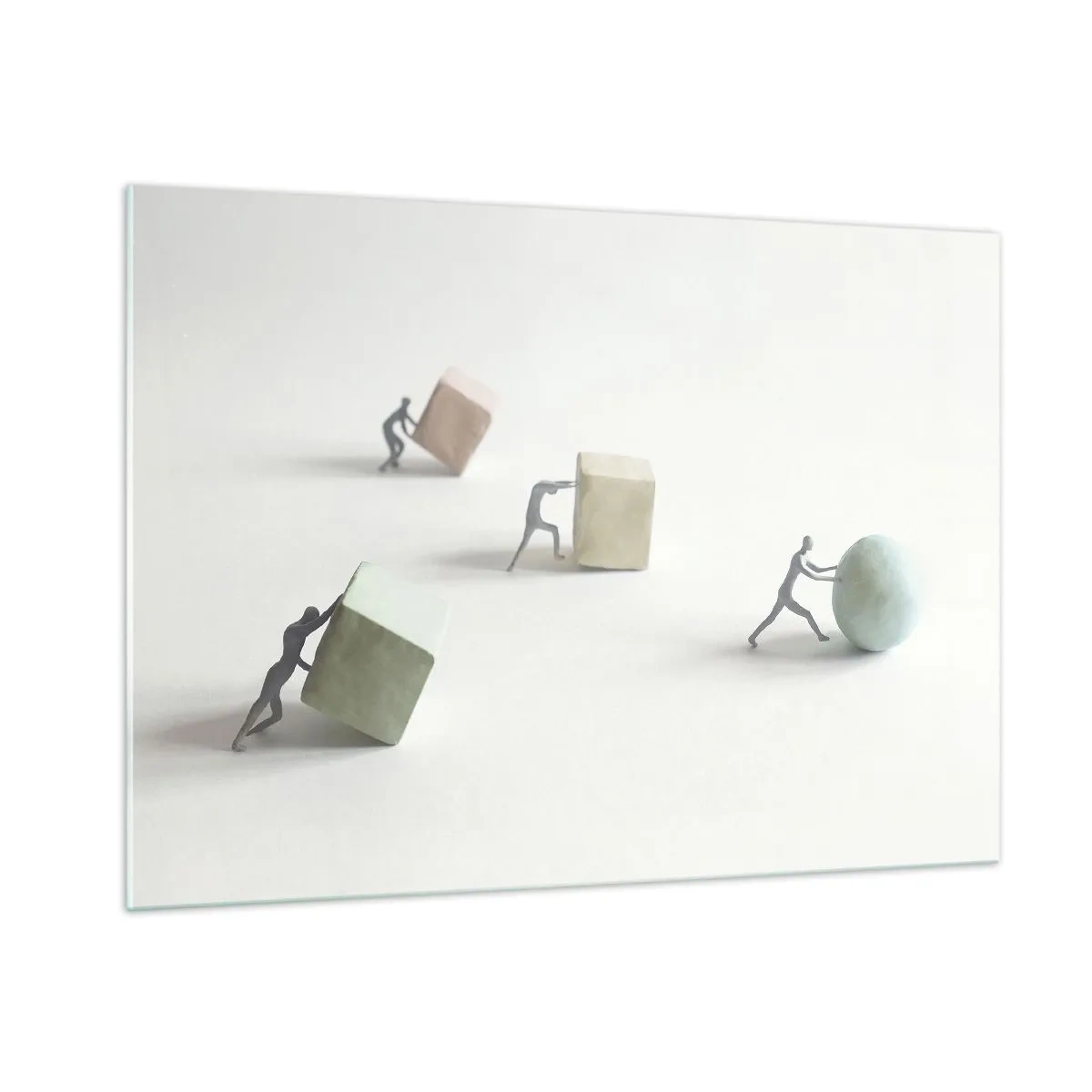 Cuadro sobre vidrio - Impresiones sobre Vidrio - Las figuras en miniatura ruedan y empujan formas geométricas. - 100x70cm - El avance de la geometría - Decoración de pared moderna para salón y dormitorio ARTTOR