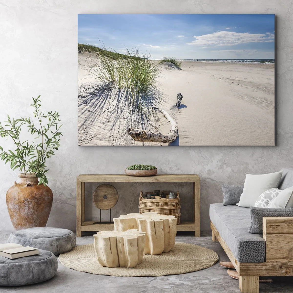 Cuadro sobre lienzo - Impresión de Imagen - Una playa báltica con arena, césped y un cielo azul tranquilo. - 70x50cm - ¿La más bella? Báltico - Decoración de pared moderna para salón y dormitorio ARTTOR
