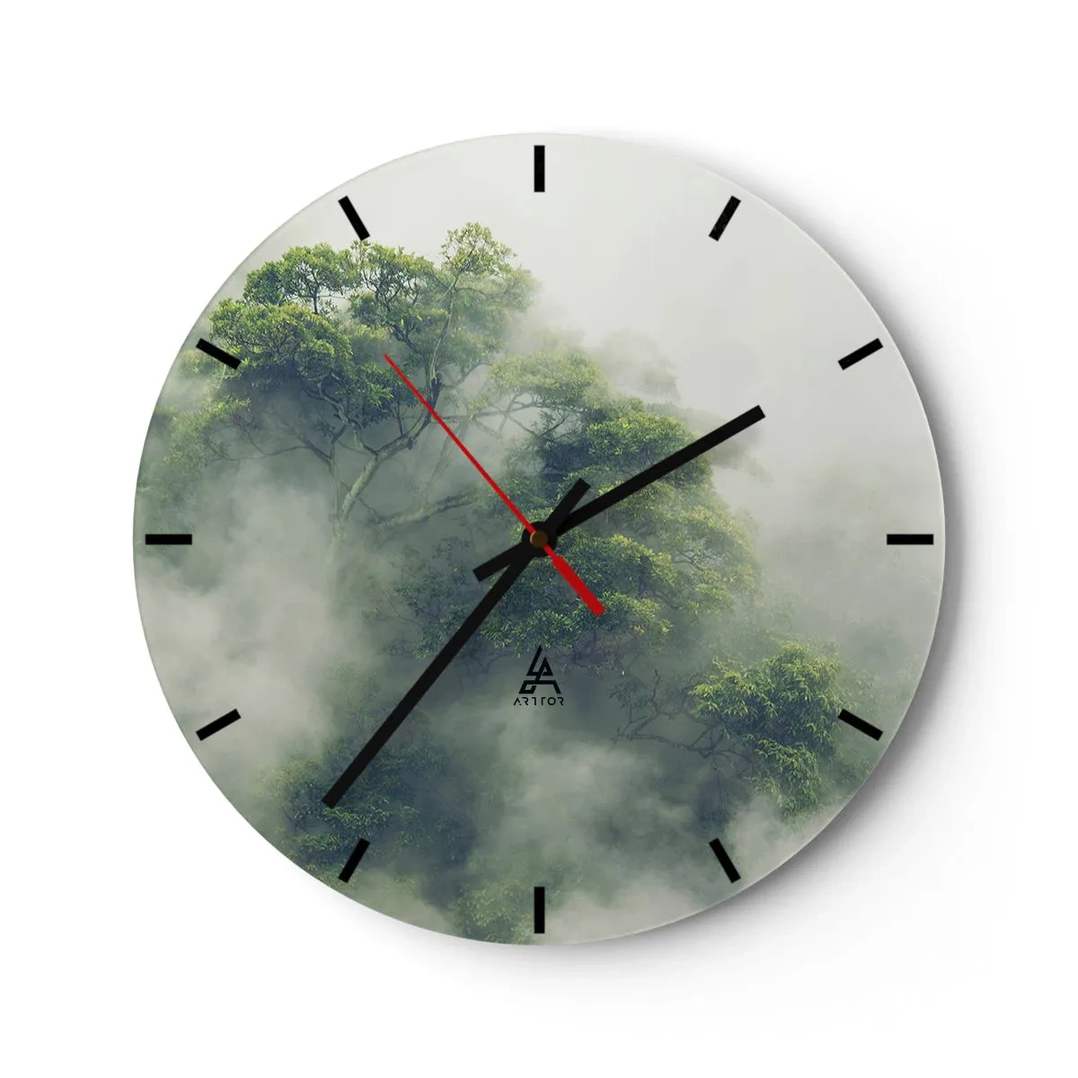 Reloj de pared - Reloj de vidrio - Árboles verdes envueltos en una niebla misteriosa - 30x30cm - Envuelto en niebla - Decoración de pared moderna para salón, cocina y dormitorio ARTTOR