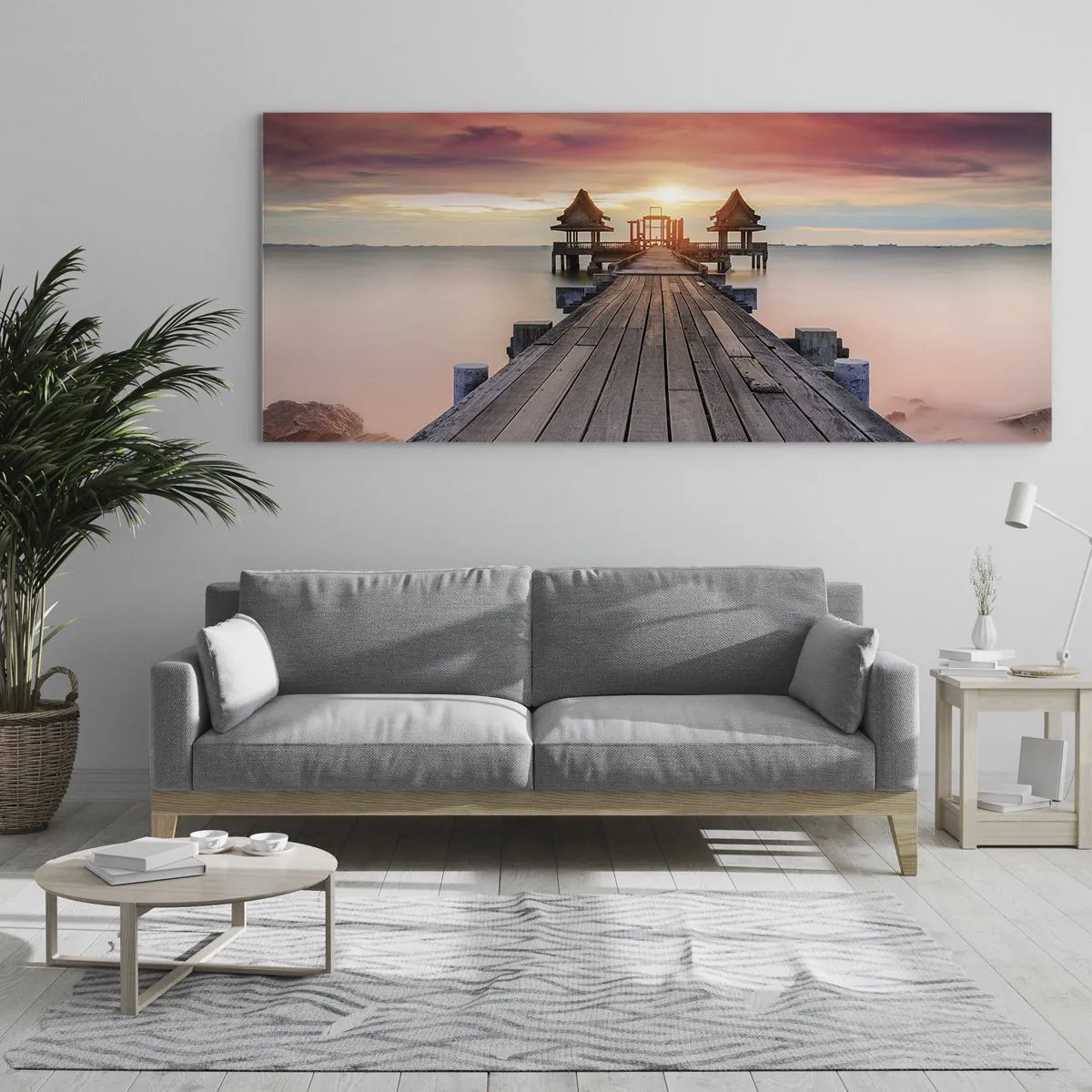 Cuadro sobre vidrio - Impresiones sobre Vidrio - Muelle de madera que conduce a los miradores al atardecer - 160x50cm - De este a oeste - Decoración de pared moderna para salón y dormitorio ARTTOR