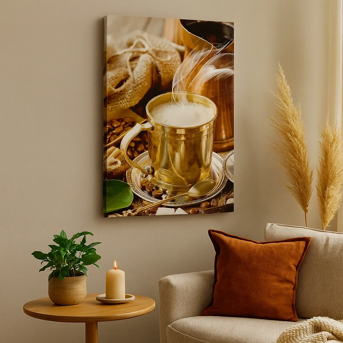 Cuadro sobre lienzo - Impresión de Imagen - Una taza de café dorada rodeada de granos, jarras y croissants. - 50x70cm - Que tengas un buen día - Decoración de pared moderna para salón y dormitorio ARTTOR