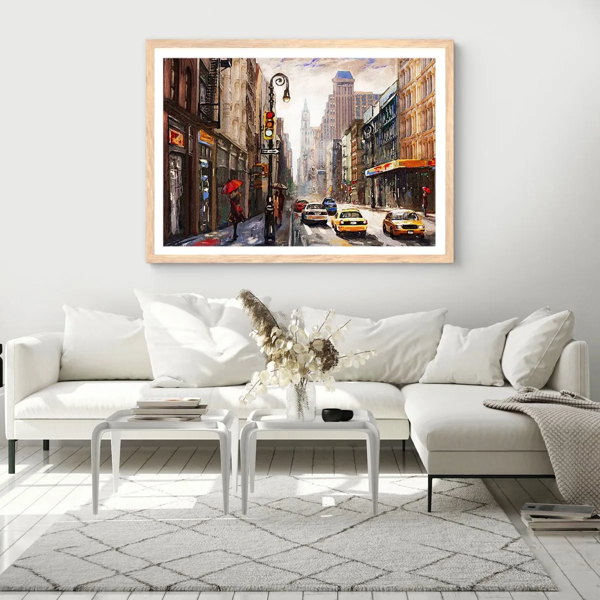 Póster en marco roble claro - Nueva York - también colorida bajo la lluvia - 50x40 cm