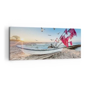 Cuadro sobre lienzo - Impresión de Imagen - Un barco en la playa al amanecer con gaviotas y banderas rojas. - 120x50cm - Un merecido descanso - Decoración de pared moderna para salón y dormitorio ARTTOR