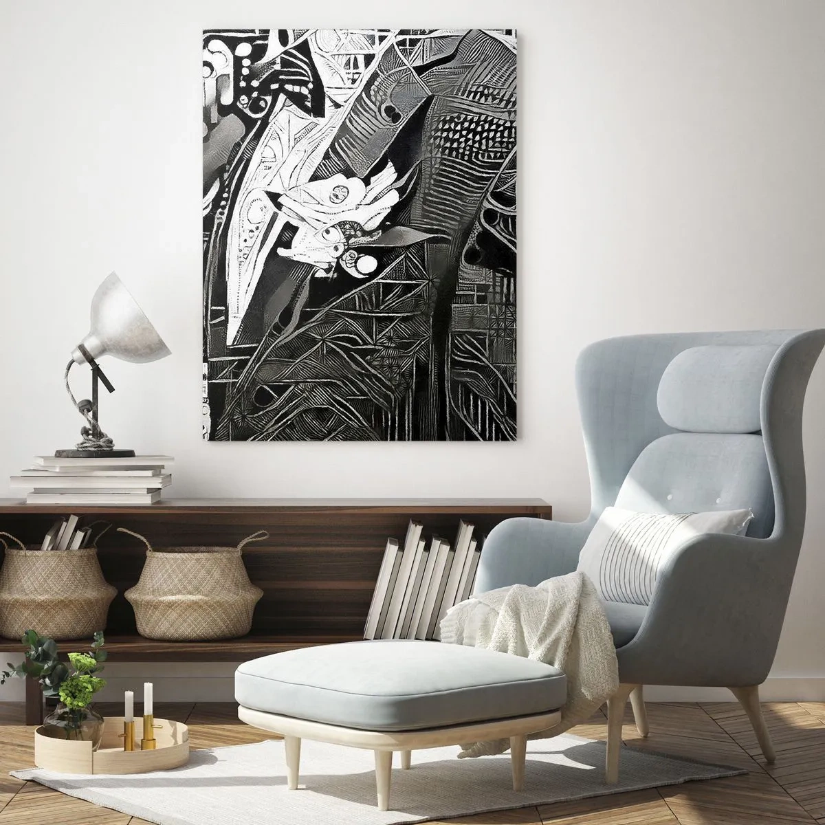 Cuadro sobre vidrio - Impresiones sobre Vidrio - Abstracción en blanco y negro con patrones geométricos. - 50x70cm - Solo un hombre aparentemente gris - Decoración de pared moderna para salón y dormitorio ARTTOR