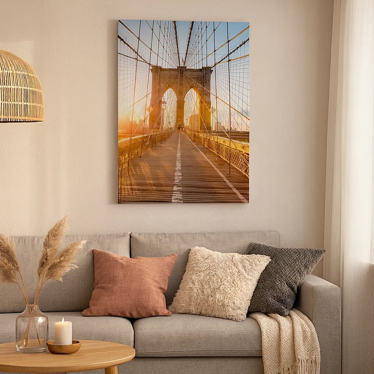Cuadro sobre lienzo - Impresión de Imagen - El puente a la luz del sol poniente con vistas a la ciudad. - 50x70cm - En el puente dorado - Decoración de pared moderna para salón y dormitorio ARTTOR