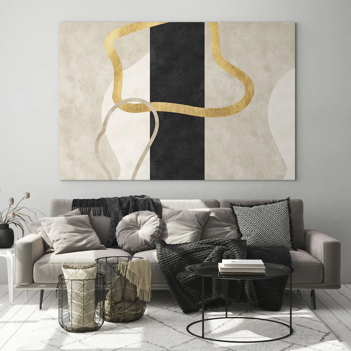 Cuadro sobre vidrio - Impresiones sobre Vidrio - Líneas doradas y beige que forman bucles sobre un fondo de rayas negras. - 70x50cm - Formas en bucle - Decoración de pared moderna para salón y dormitorio ARTTOR