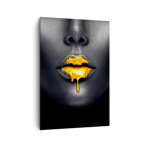 Cuadro sobre lienzo - Impresión de Imagen - Retrato en negro y dorado de una mujer con una gota de oro en los labios. - 70x100cm - Labios de oro - Decoración de pared moderna para salón y dormitorio ARTTOR