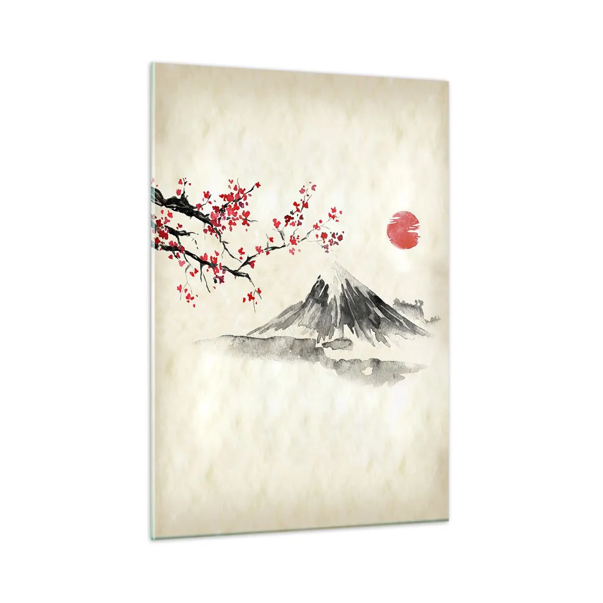 Cuadro sobre vidrio - Impresiones sobre Vidrio - Pintura de acuarela japonesa de una montaña y una rama floreciente. - 50x70cm - Enamórate de Japón - Decoración de pared moderna para salón y dormitorio ARTTOR