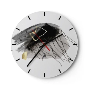 Reloj de pared - Reloj de vidrio - Motivo abstracto en negro, gris y dorado sobre fondo blanco. - 30x30cm - En negro y dorado - Decoración de pared moderna para salón, cocina y dormitorio ARTTOR