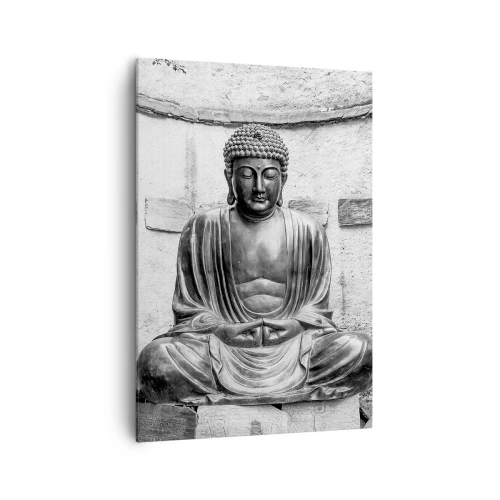 Cuadro sobre lienzo - Impresión de Imagen - Estatua de Buda en blanco y negro en pose meditativa. - 70x100cm - En la fuente de la paz - Decoración de pared moderna para salón y dormitorio ARTTOR