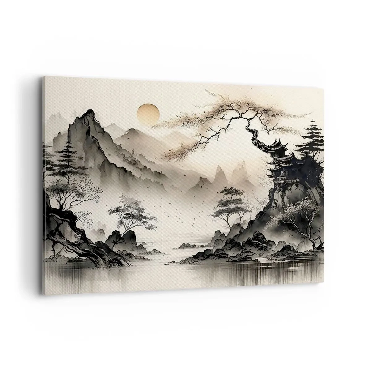 Cuadro sobre lienzo - Impresión de Imagen - Un paisaje oriental con montañas y una pagoda en tonos delicados. - 100x70cm - El encanto único de Oriente - Decoración de pared moderna para salón y dormitorio ARTTOR