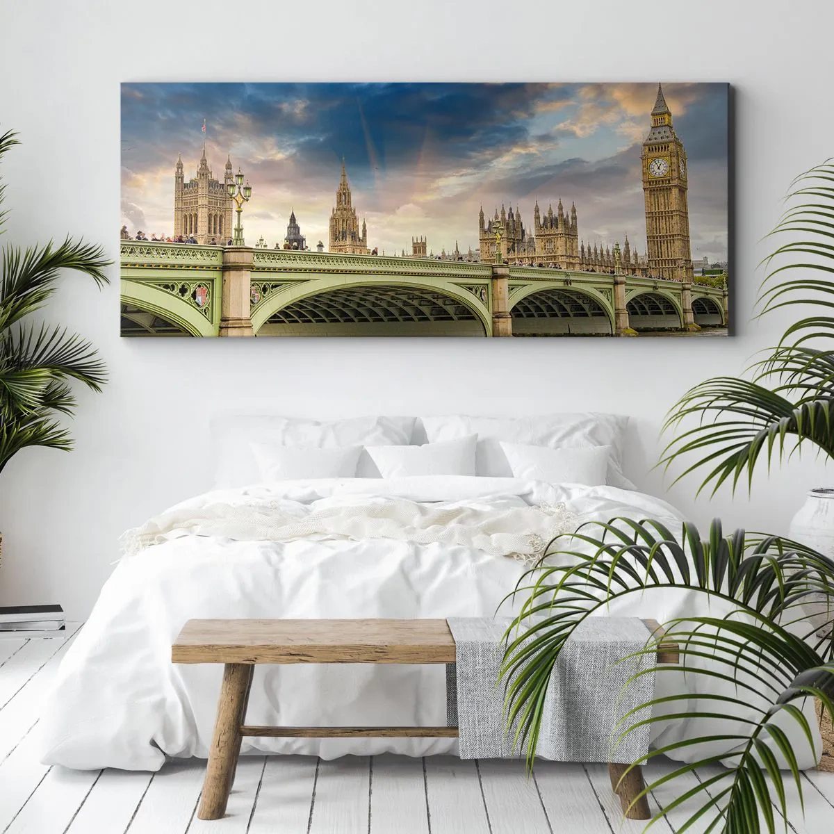 Cuadro sobre lienzo - Impresión de Imagen - El Big Ben y el puente de Westminster contra el cielo al anochecer - 140x50cm - El tiempo se detuvo en el Imperio - Decoración de pared moderna para salón y dormitorio ARTTOR
