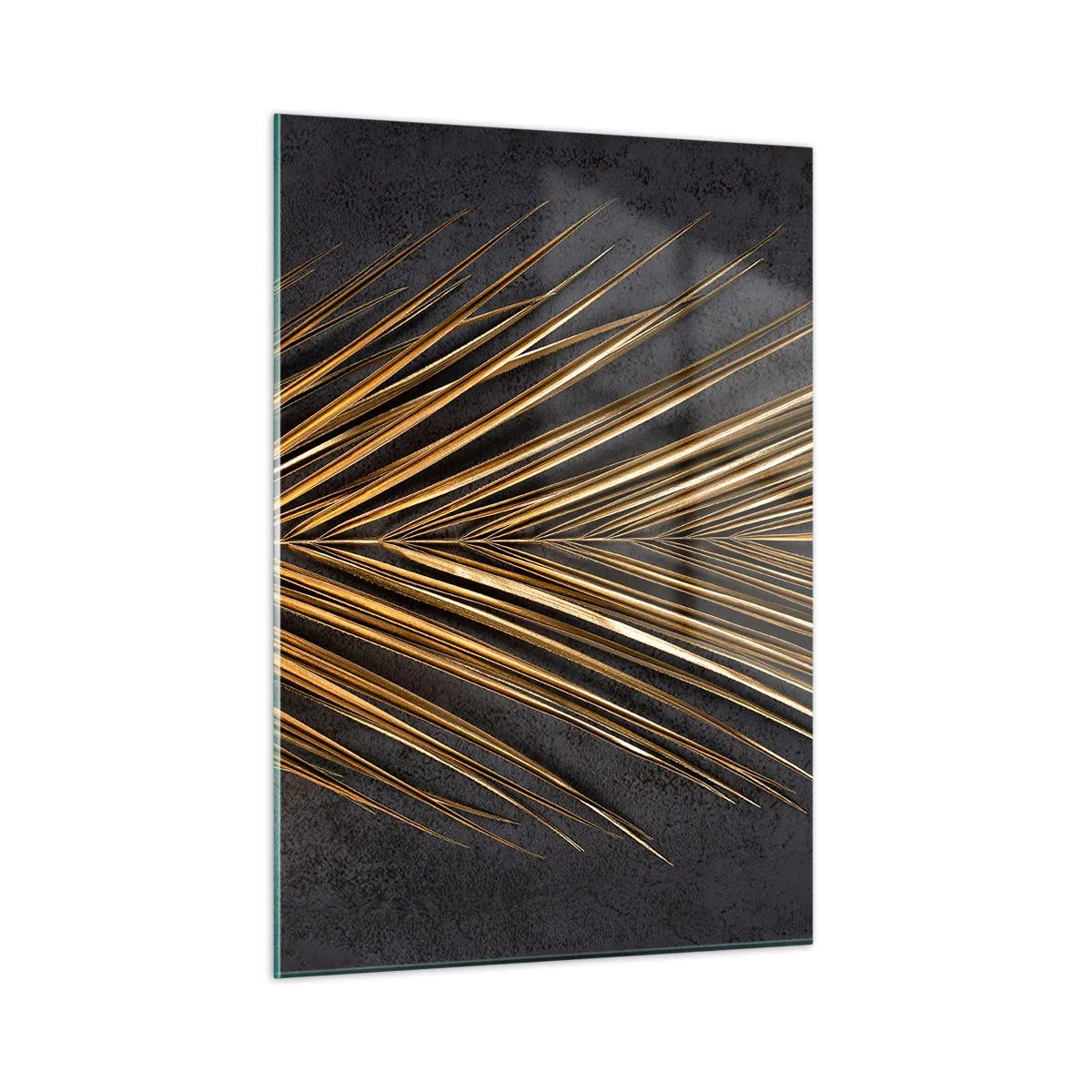 Cuadro sobre vidrio - Impresiones sobre Vidrio - Hoja de palma dorada sobre un fondo oscuro - 50x70cm - El oro de los trópicos - Decoración de pared moderna para salón y dormitorio ARTTOR