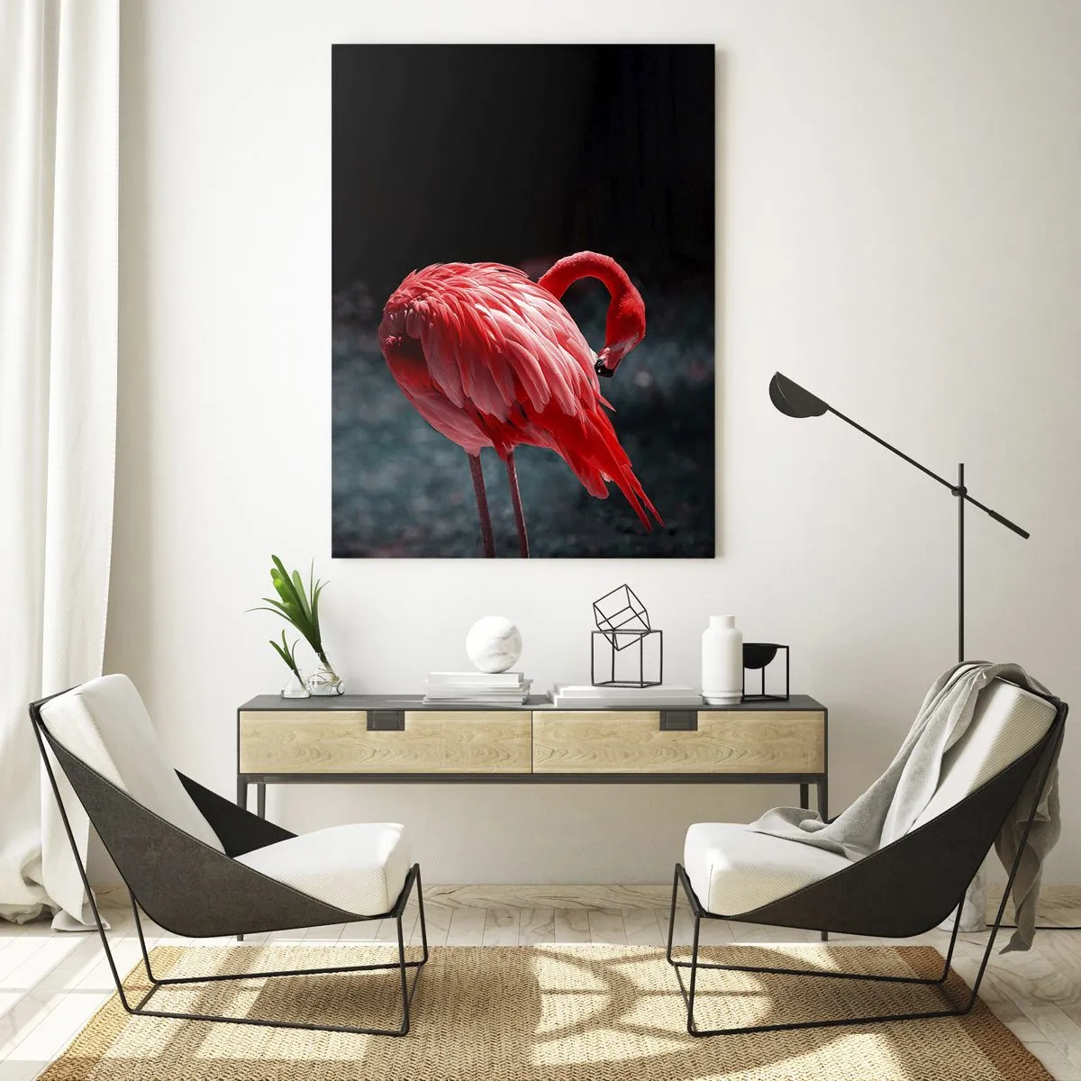 Cuadro sobre vidrio - Impresiones sobre Vidrio - Un flamenco en intensos tonos rojos sobre un fondo oscuro. - 50x70cm - Un poema carmesí de la naturaleza - Decoración de pared moderna para salón y dormitorio ARTTOR