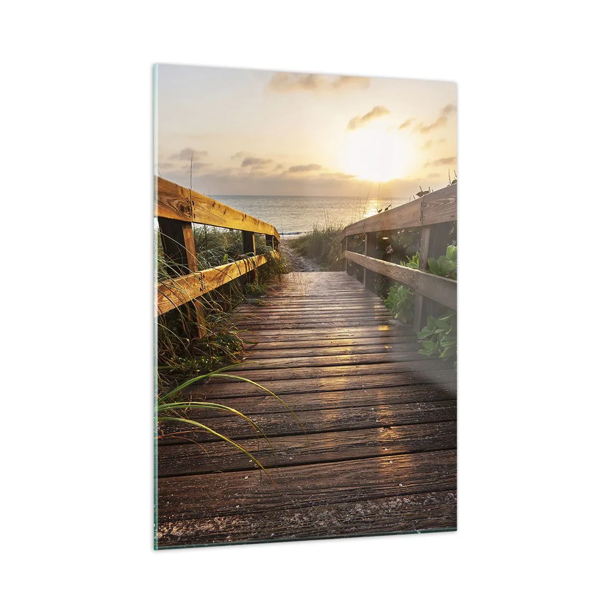 Cuadro sobre vidrio - Impresiones sobre Vidrio - Pasarela de madera que conduce a la playa al atardecer - 50x70cm - Y directamente a la orilla - Decoración de pared moderna para salón y dormitorio ARTTOR