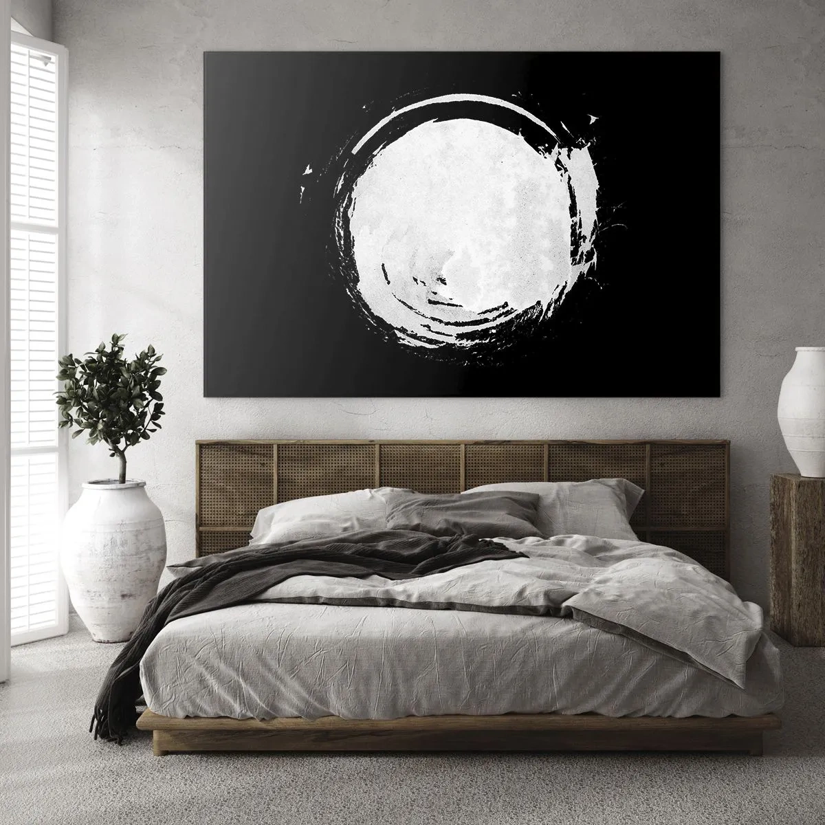 Cuadro sobre vidrio - Impresiones sobre Vidrio - Círculo abstracto blanco sobre fondo negro - 120x80cm - La buena salida - Decoración de pared moderna para salón y dormitorio ARTTOR