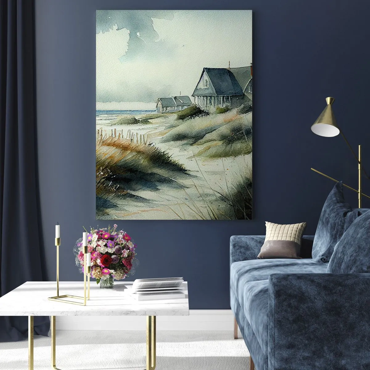 Cuadro sobre vidrio - Impresiones sobre Vidrio - Casas en las dunas frente al mar bajo un cielo nublado - 50x70cm - Lejos del bullicio - Decoración de pared moderna para salón y dormitorio ARTTOR