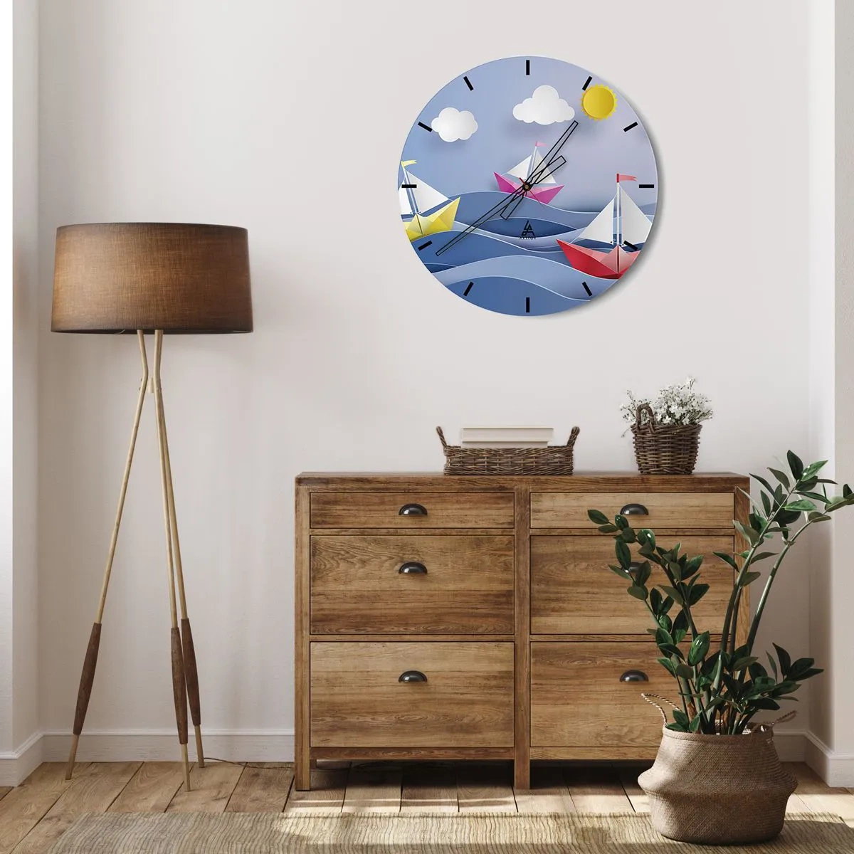 Reloj de pared - Reloj de vidrio - Barquitos de papel sobre las olas en un día soleado - 30x30cm - Oh, qué agradable es balancearse entre las olas - Decoración de pared moderna para salón, cocina y dormitorio ARTTOR