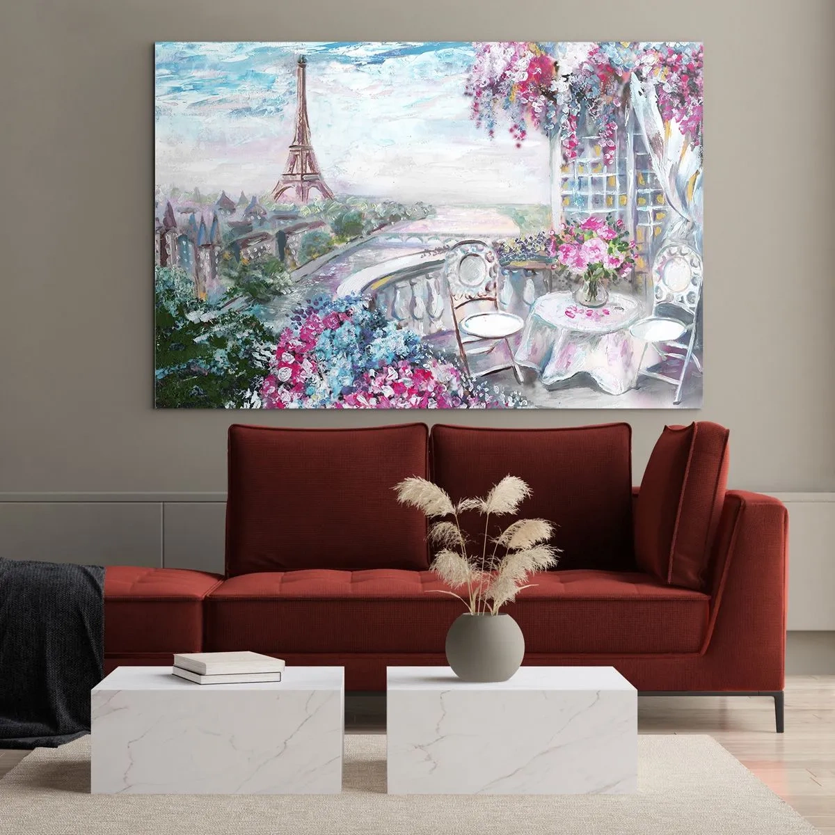 Cuadro sobre vidrio - Impresiones sobre Vidrio - Ilustración de una vista de la Torre Eiffel con un balcón lleno de flores. - 100x70cm - Mayo mágico en París - Decoración de pared moderna para salón y dormitorio ARTTOR