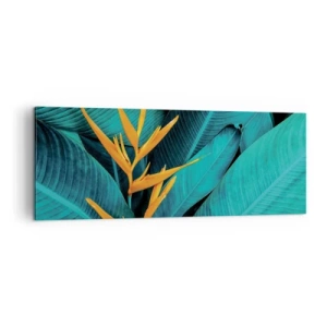 Cuadro sobre lienzo - Impresión de Imagen - Una flor exótica sobre un fondo de hojas de plátano en tonos turquesas. - 140x50cm - Flor del Edén - Decoración de pared moderna para salón y dormitorio ARTTOR