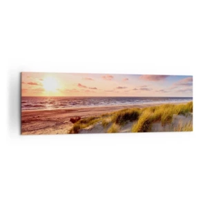 Cuadro sobre lienzo - Impresión de Imagen - Una playa cubierta de hierba y una puesta de sol sobre un mar en calma. - 160x50cm - Se siente la brisa veraniega - Decoración de pared moderna para salón y dormitorio ARTTOR