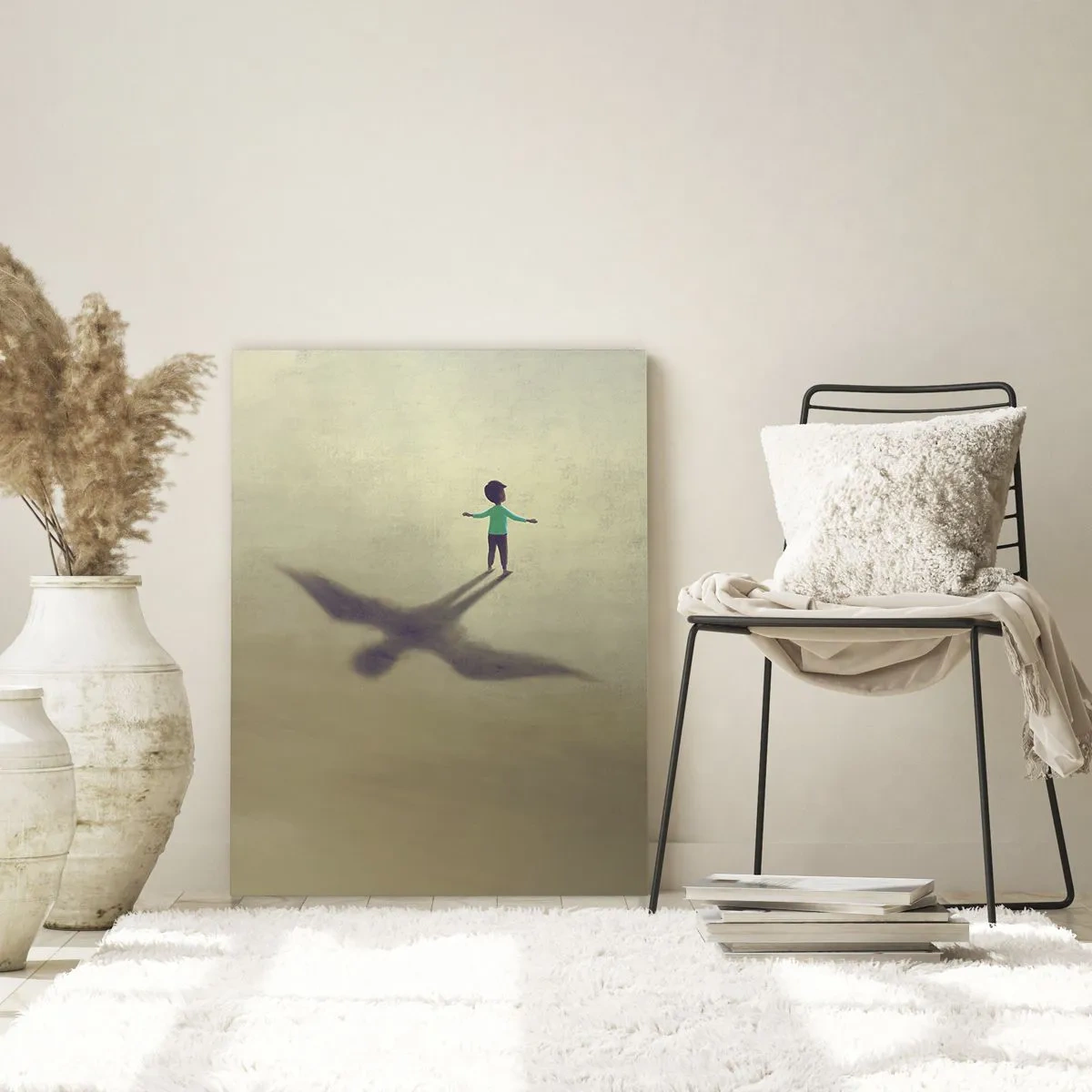 Cuadro sobre vidrio - Impresiones sobre Vidrio - Un niño con una sombra en forma de pájaro sobre un fondo beige. - 50x70cm - Héroe del futuro - Decoración de pared moderna para salón y dormitorio ARTTOR