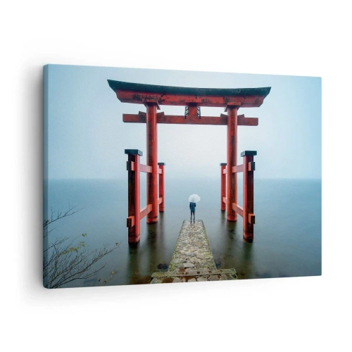 Cuadro sobre lienzo - Impresión de Imagen - Una puerta torii con vistas a un lago tranquilo en Japón - 70x50cm - Ensueño japonés - Decoración de pared moderna para salón y dormitorio ARTTOR