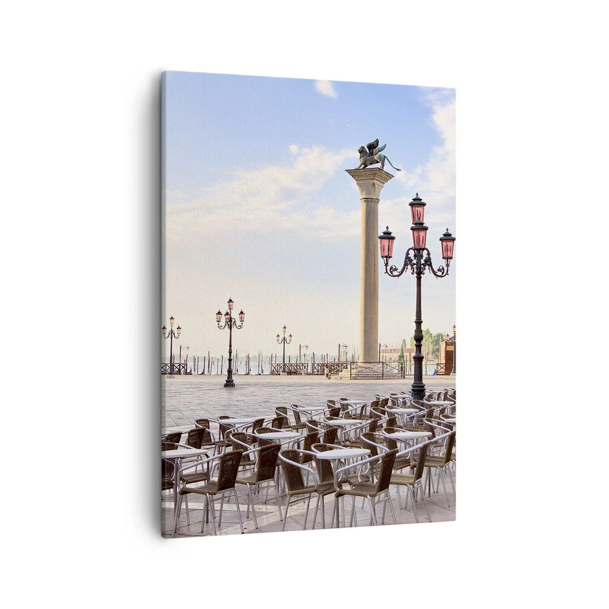 Cuadro sobre lienzo - Impresión de Imagen - Venecia, vista de la plaza con columnas y mesas de café. - 50x70cm - Vamos, todo está listo - Decoración de pared moderna para salón y dormitorio ARTTOR