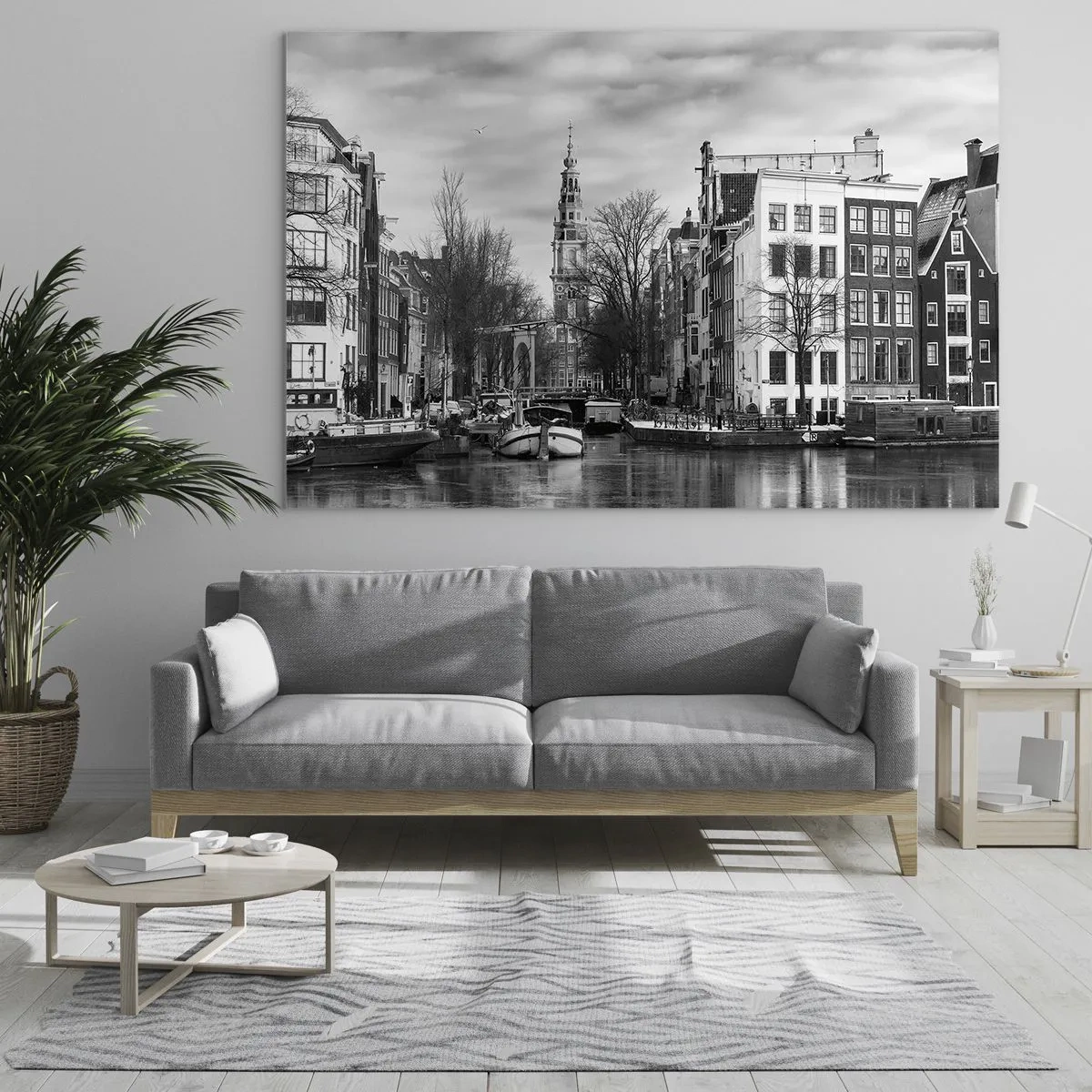 Cuadro sobre vidrio - Impresiones sobre Vidrio - Vista en blanco y negro de un canal en Ámsterdam - 100x70cm - Ambiente de Ámsterdam - Decoración de pared moderna para salón y dormitorio ARTTOR