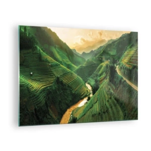 Cuadro sobre vidrio - Impresiones sobre Vidrio - Pintorescas terrazas de arroz en el valle al atardecer - 70x50cm - Valle vietnamita - Decoración de pared moderna para salón y dormitorio ARTTOR