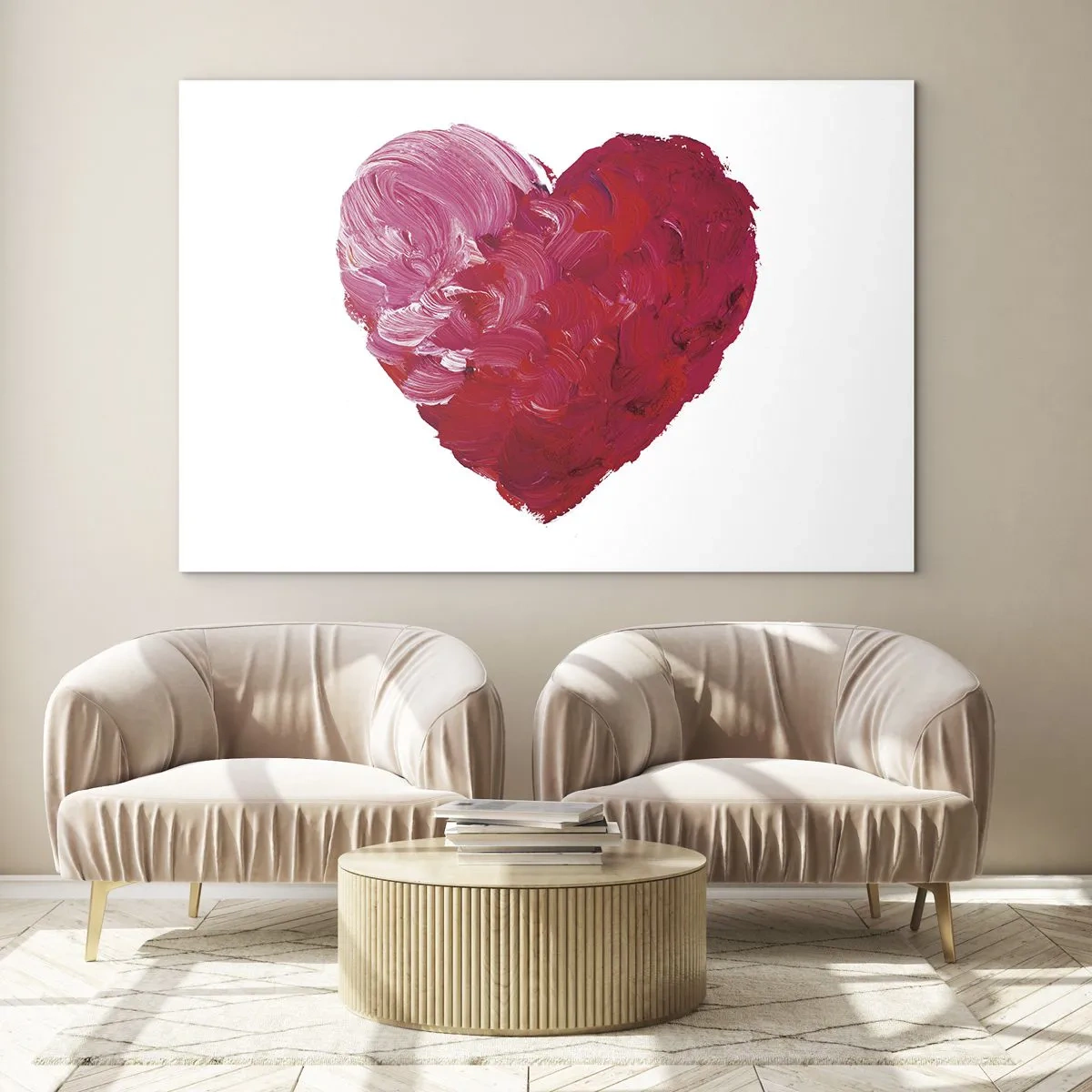 Cuadro sobre vidrio - Impresiones sobre Vidrio - Corazón abstracto pintado con trazos rojos - 70x50cm - All you need is love - Decoración de pared moderna para salón y dormitorio ARTTOR
